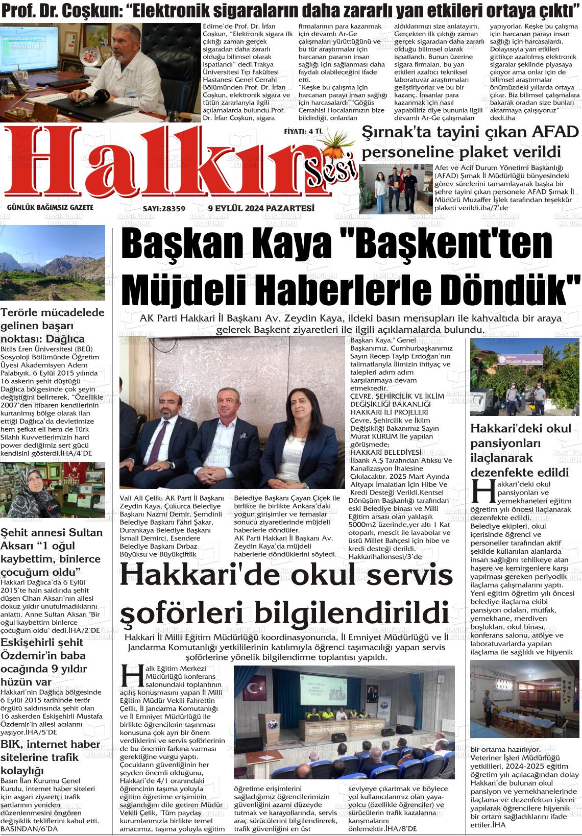 09 Eylül 2024 Hakkari Halkın Sesi Gazete Manşeti