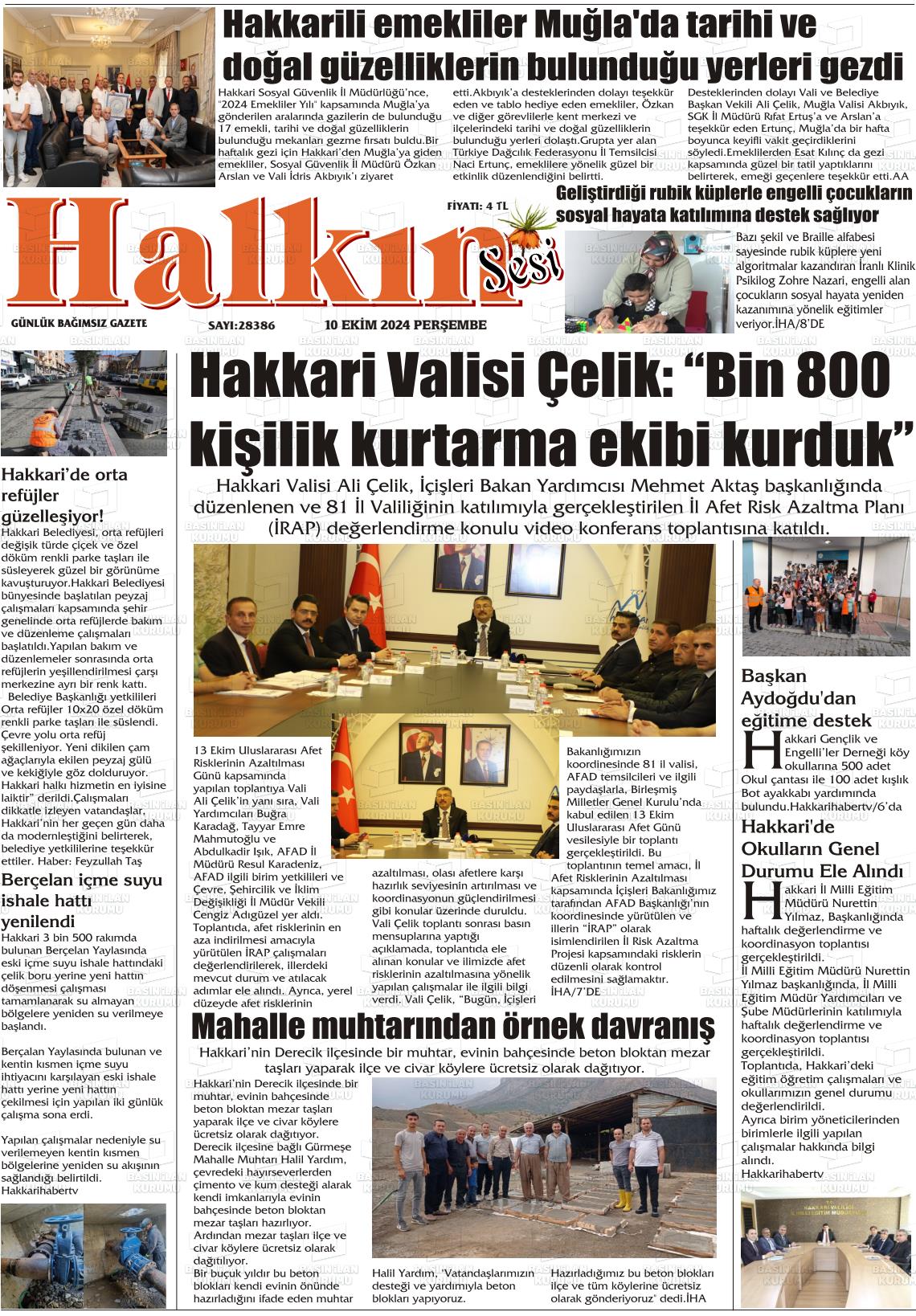 10 Ekim 2024 Hakkari Halkın Sesi Gazete Manşeti