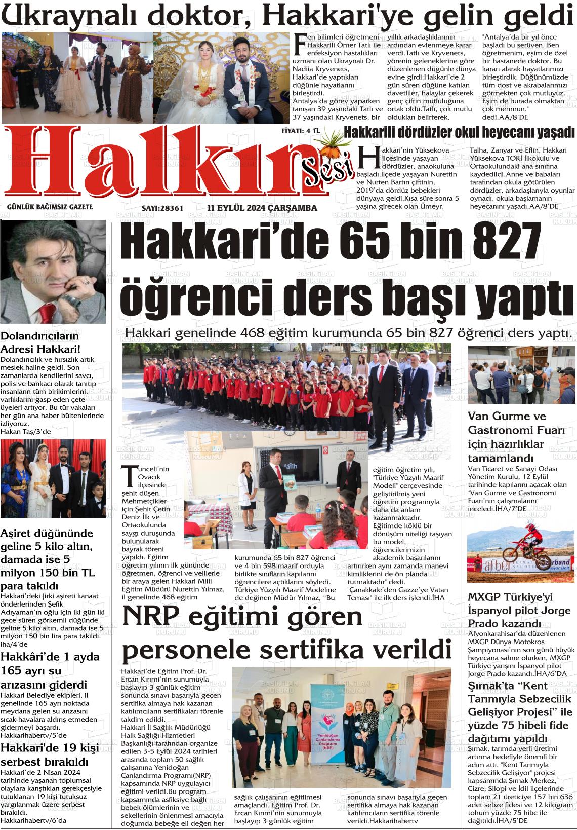 11 Eylül 2024 Hakkari Halkın Sesi Gazete Manşeti