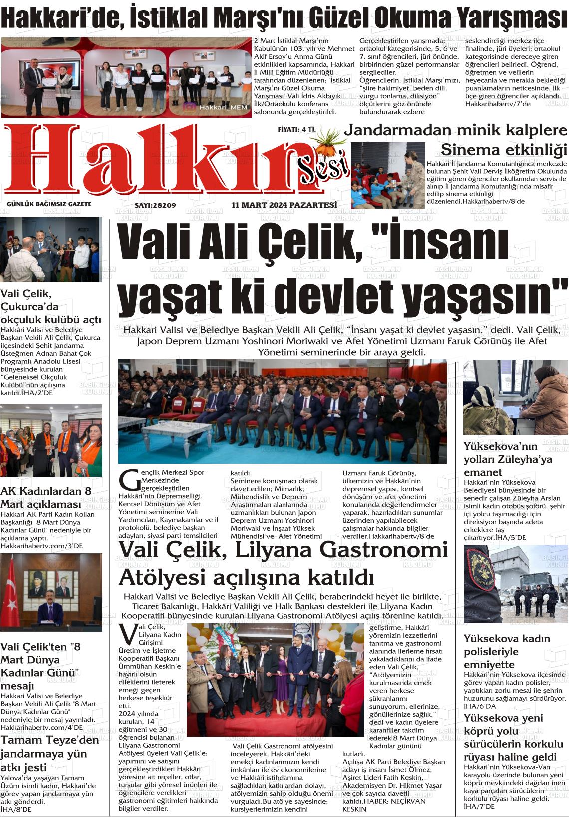 11 Mart 2024 Hakkari Halkın Sesi Gazete Manşeti