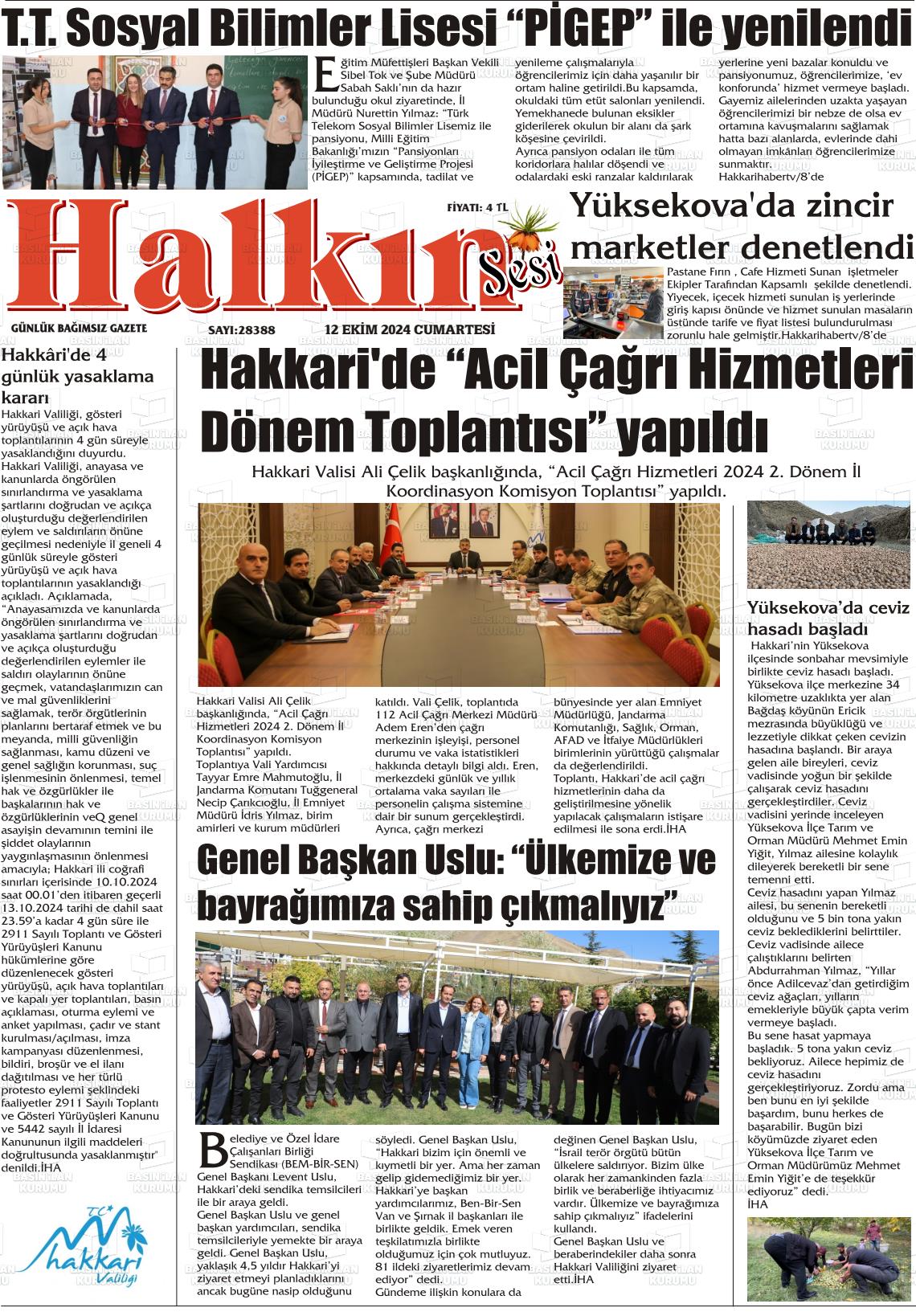 12 Ekim 2024 Hakkari Halkın Sesi Gazete Manşeti