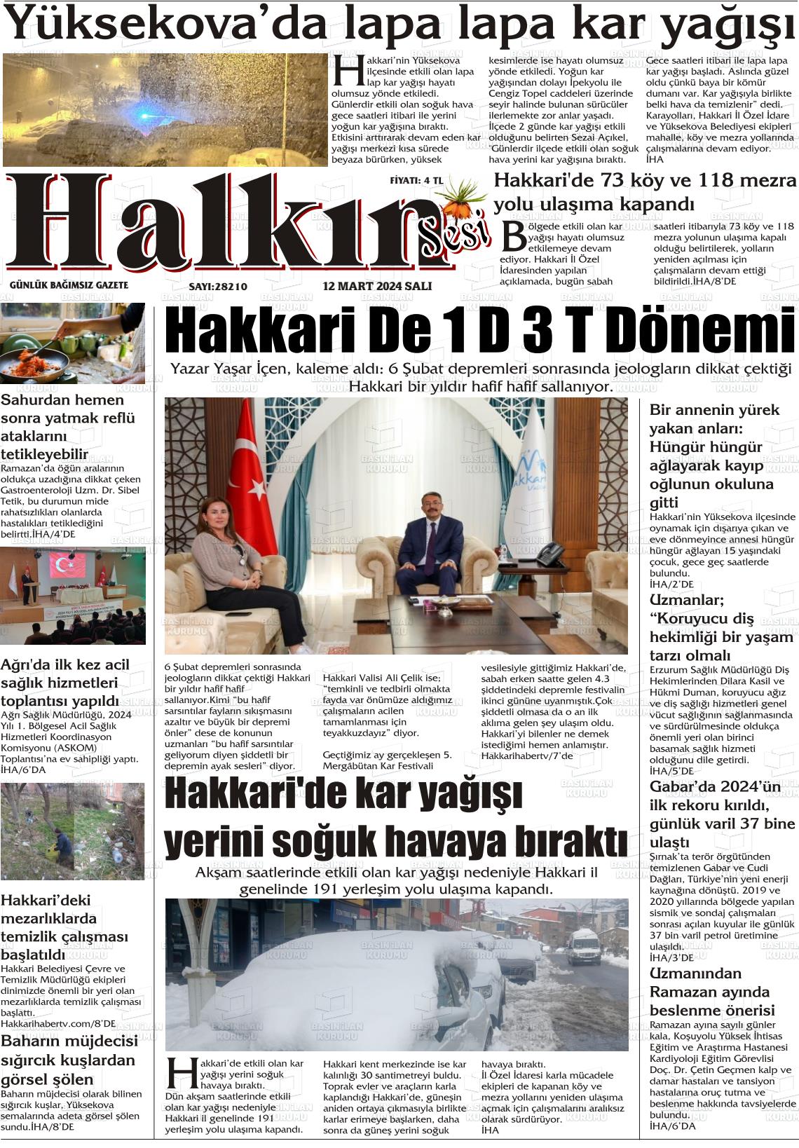 12 Mart 2024 Hakkari Halkın Sesi Gazete Manşeti