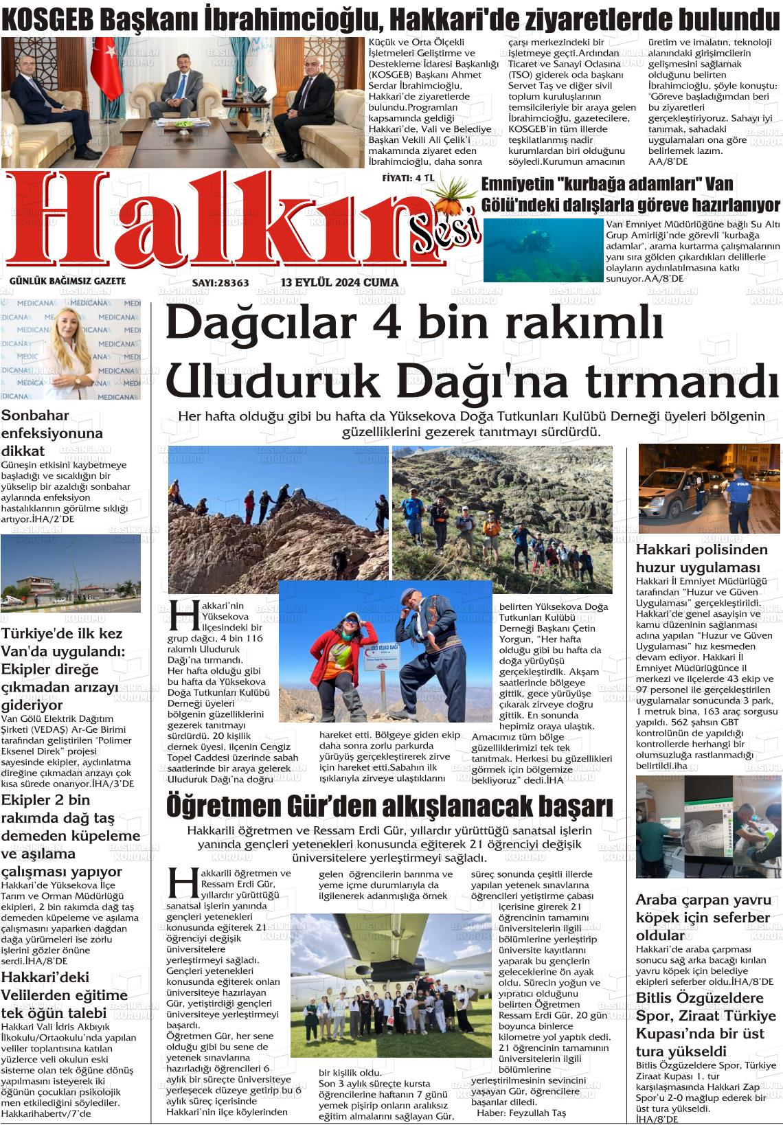 13 Eylül 2024 Hakkari Halkın Sesi Gazete Manşeti