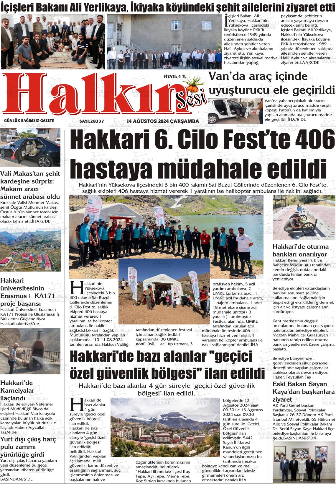 14 Ağustos 2024 Hakkari Halkın Sesi Gazete Manşeti