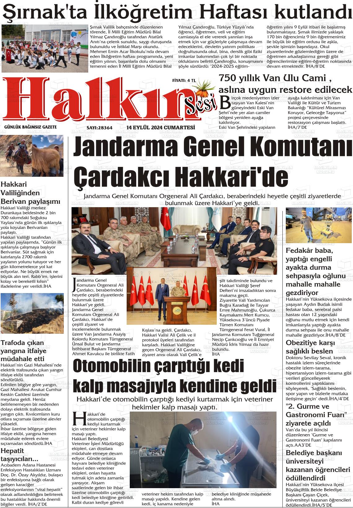 14 Eylül 2024 Hakkari Halkın Sesi Gazete Manşeti