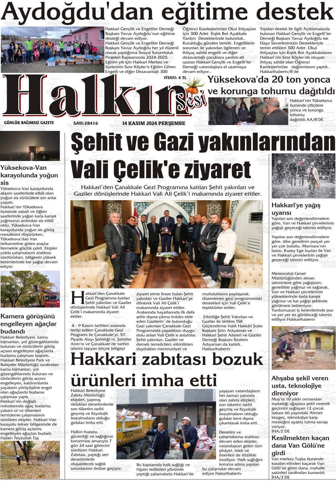 14 Kasım 2024 Hakkari Halkın Sesi Gazete Manşeti