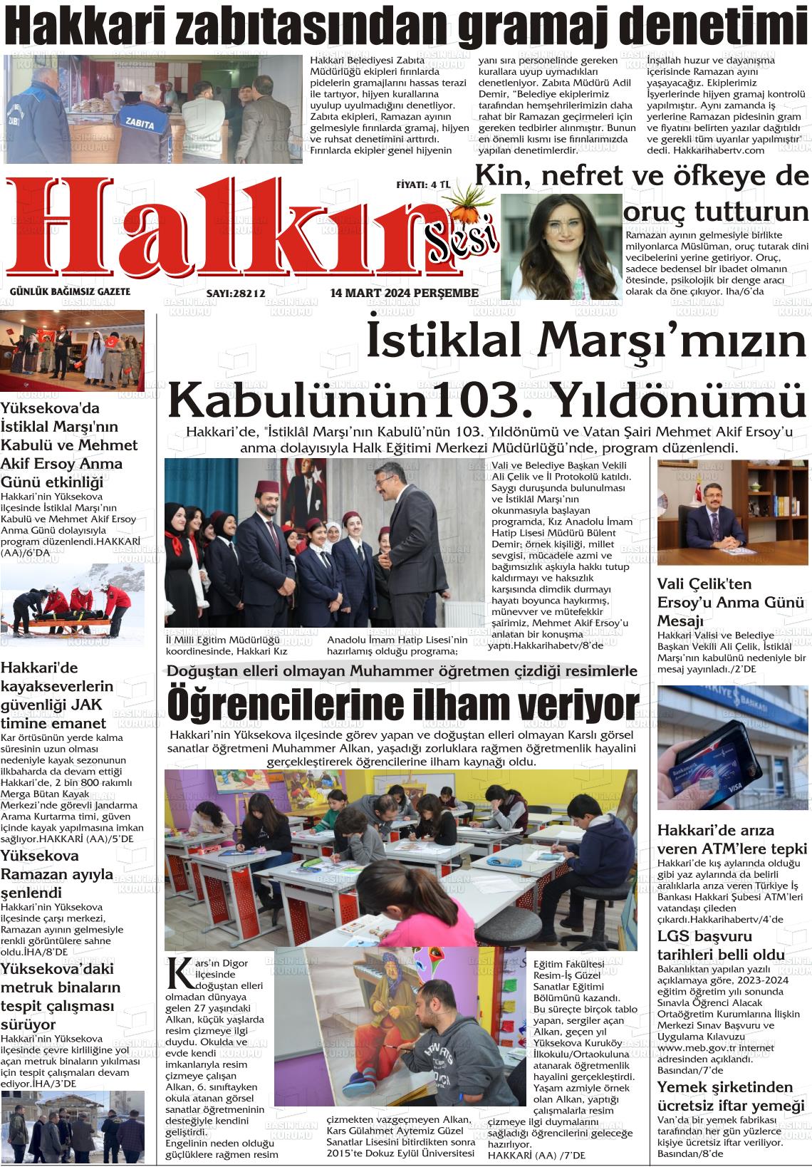 14 Mart 2024 Hakkari Halkın Sesi Gazete Manşeti