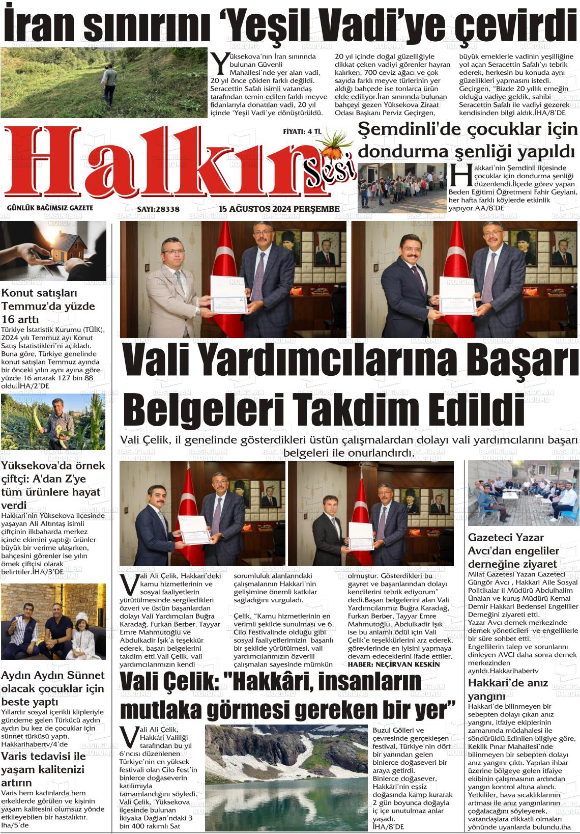 15 Ağustos 2024 Hakkari Halkın Sesi Gazete Manşeti