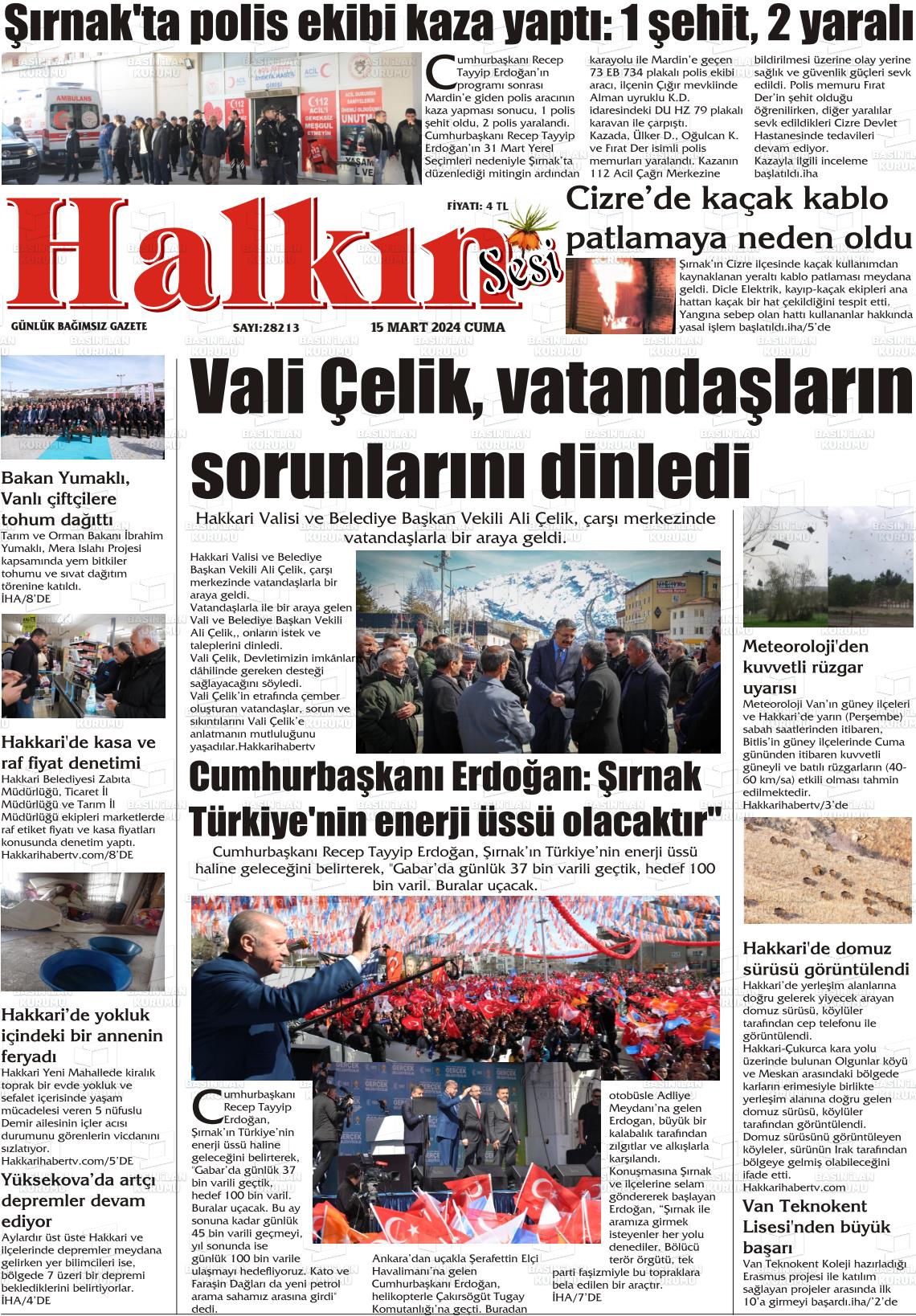 15 Mart 2024 Hakkari Halkın Sesi Gazete Manşeti