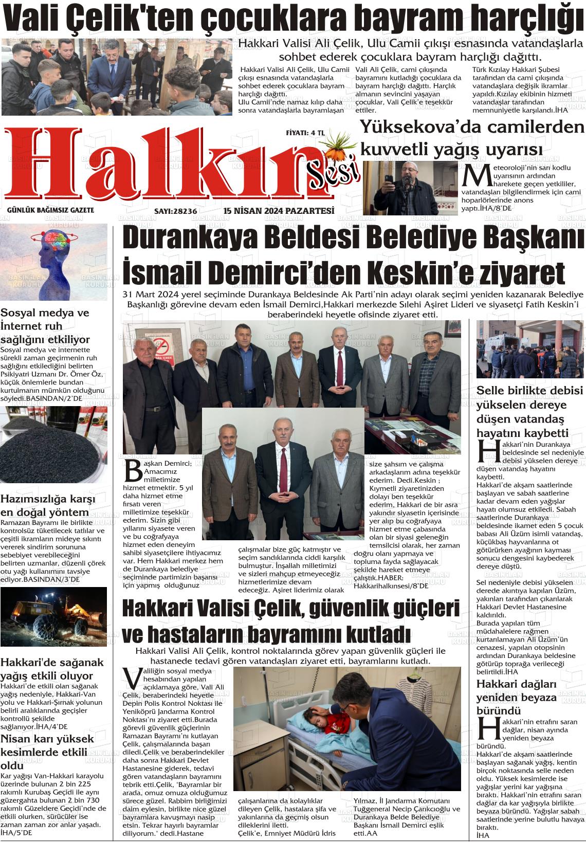 15 Nisan 2024 Hakkari Halkın Sesi Gazete Manşeti