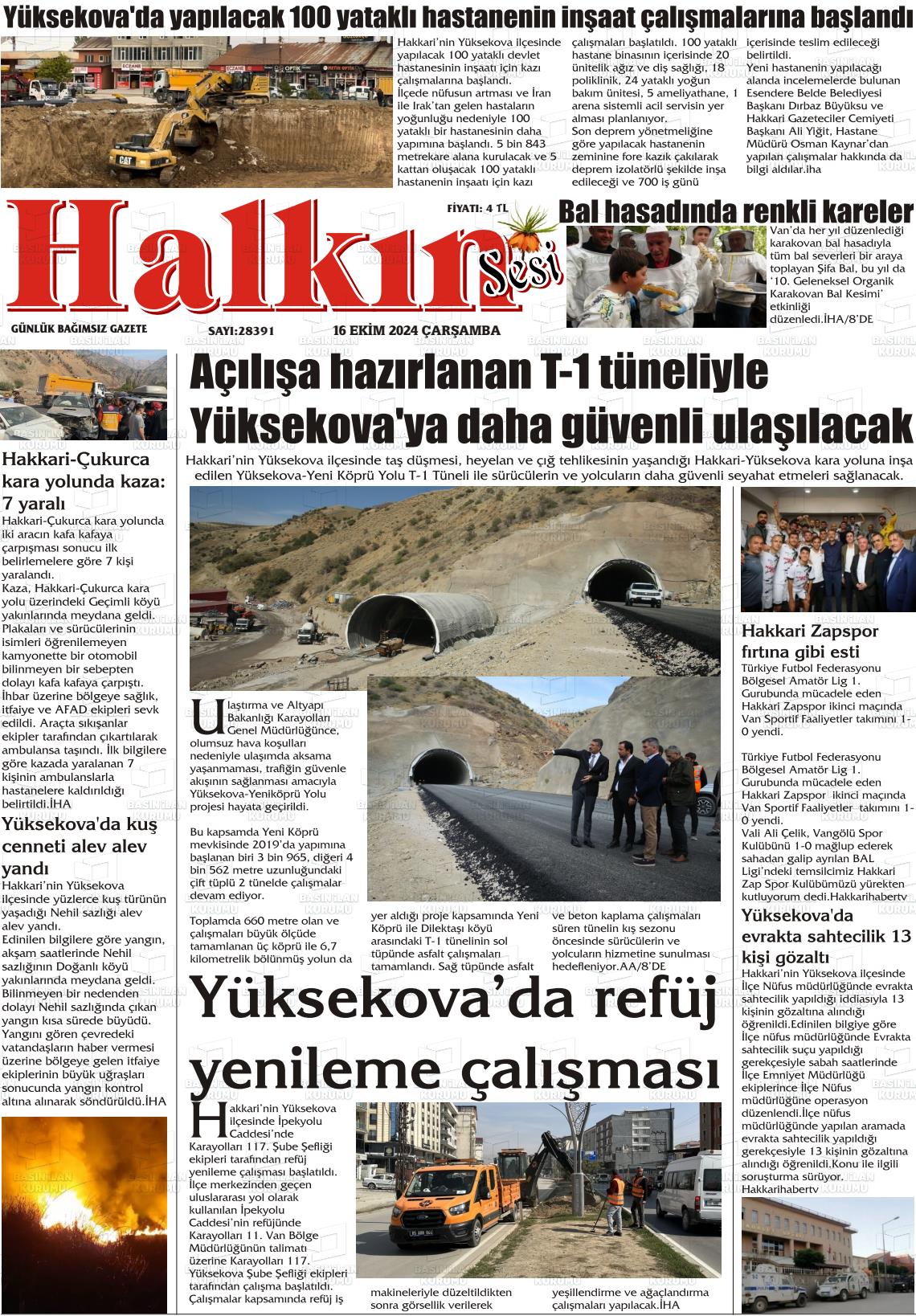 16 Ekim 2024 Hakkari Halkın Sesi Gazete Manşeti