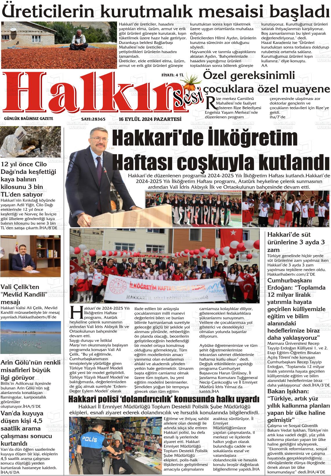 16 Eylül 2024 Hakkari Halkın Sesi Gazete Manşeti