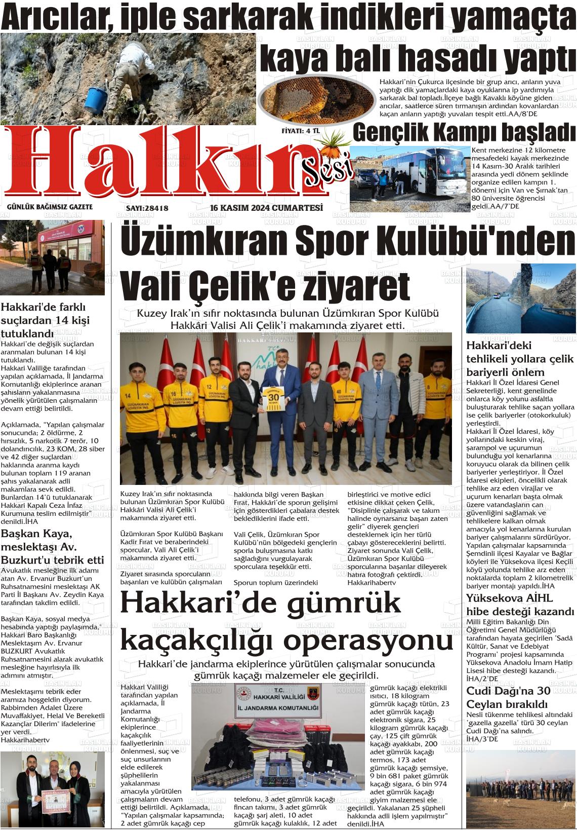 16 Kasım 2024 Hakkari Halkın Sesi Gazete Manşeti