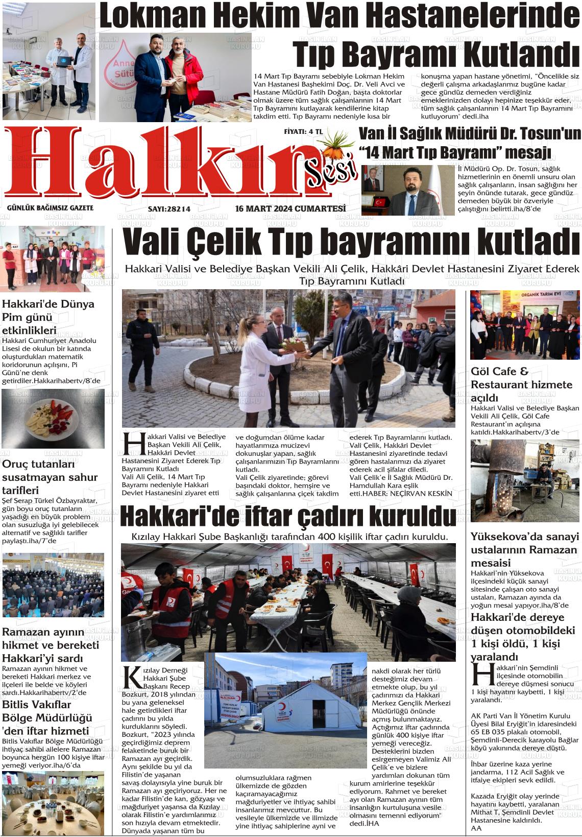 16 Mart 2024 Hakkari Halkın Sesi Gazete Manşeti