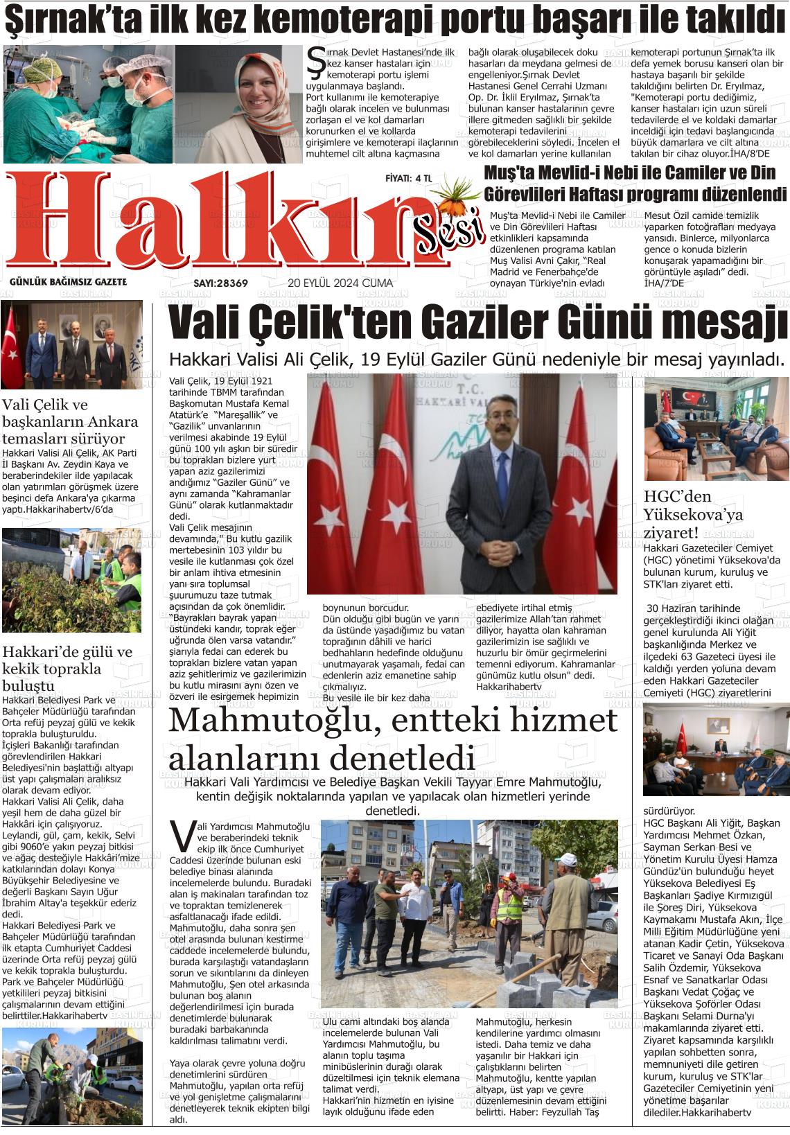 20 Eylül 2024 Hakkari Halkın Sesi Gazete Manşeti