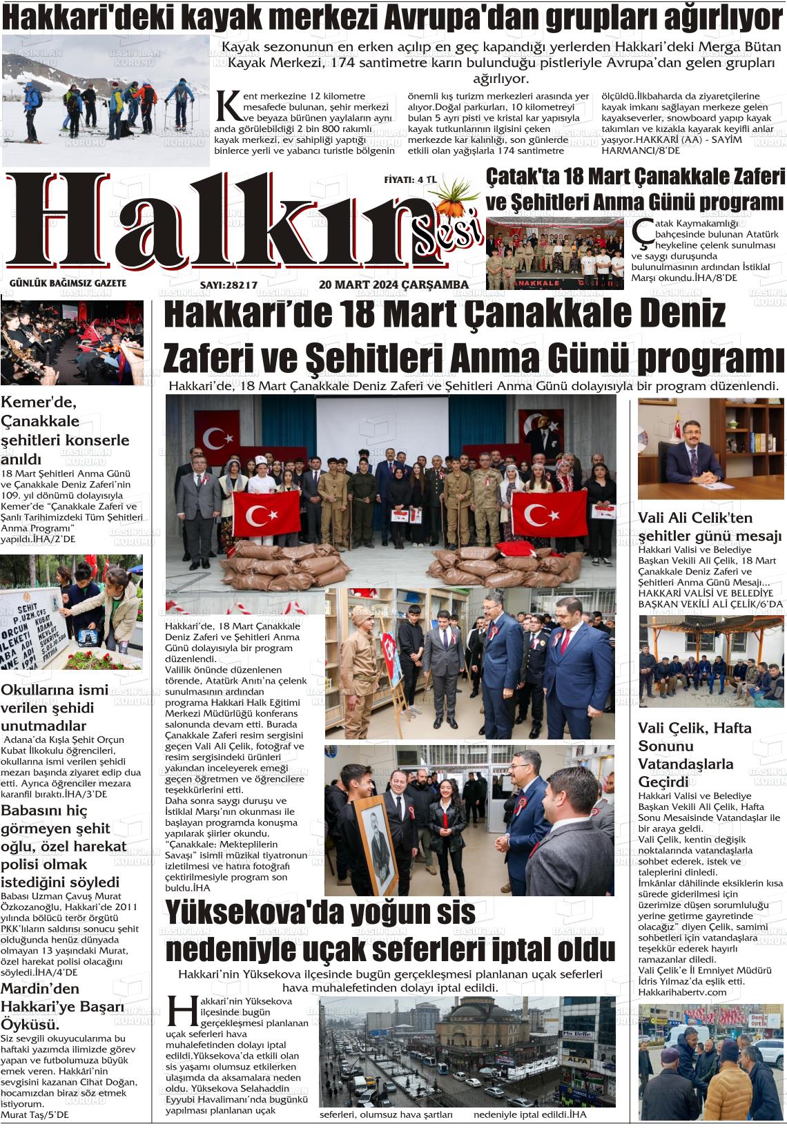 20 Mart 2024 Hakkari Halkın Sesi Gazete Manşeti