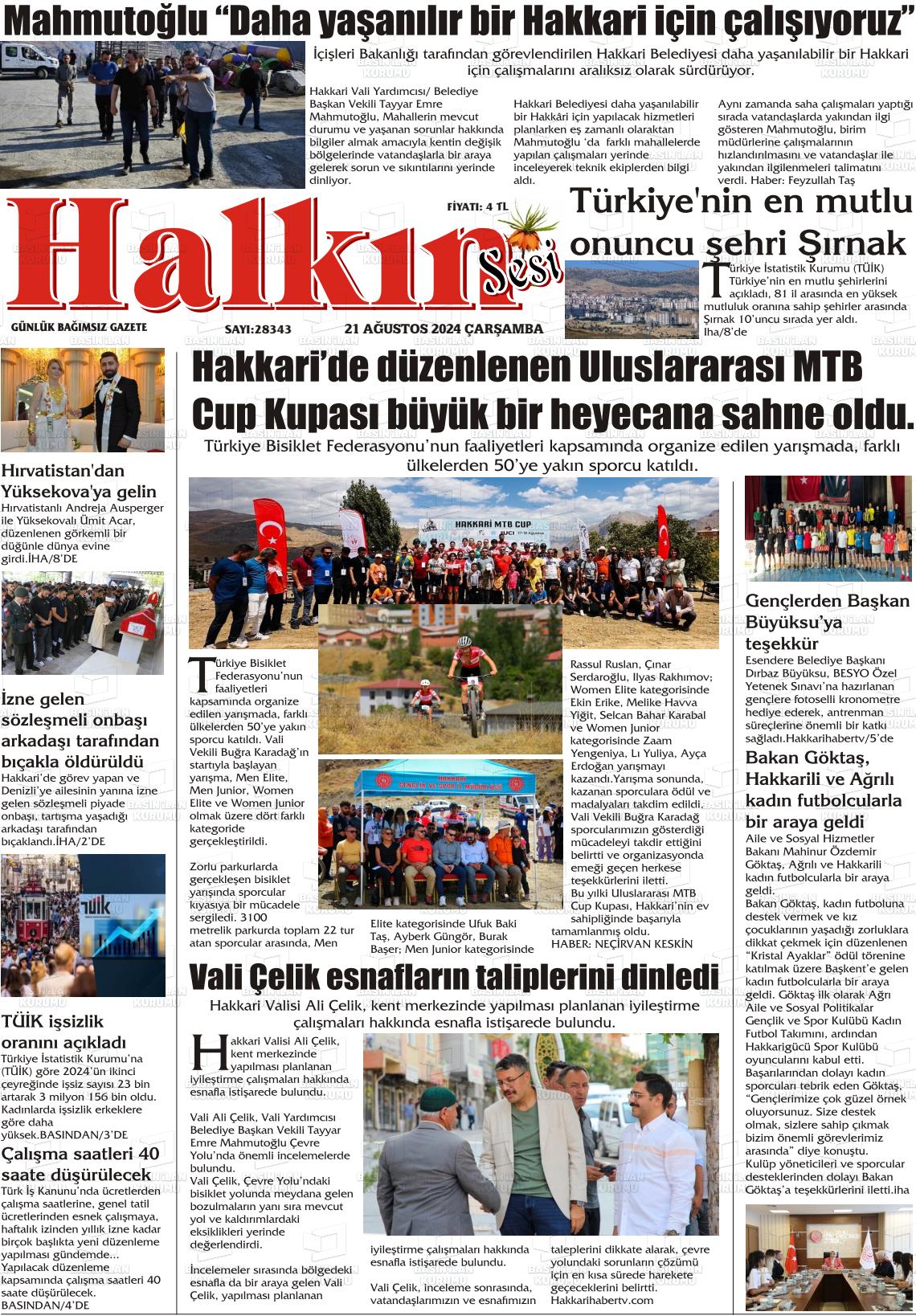 21 Ağustos 2024 Hakkari Halkın Sesi Gazete Manşeti