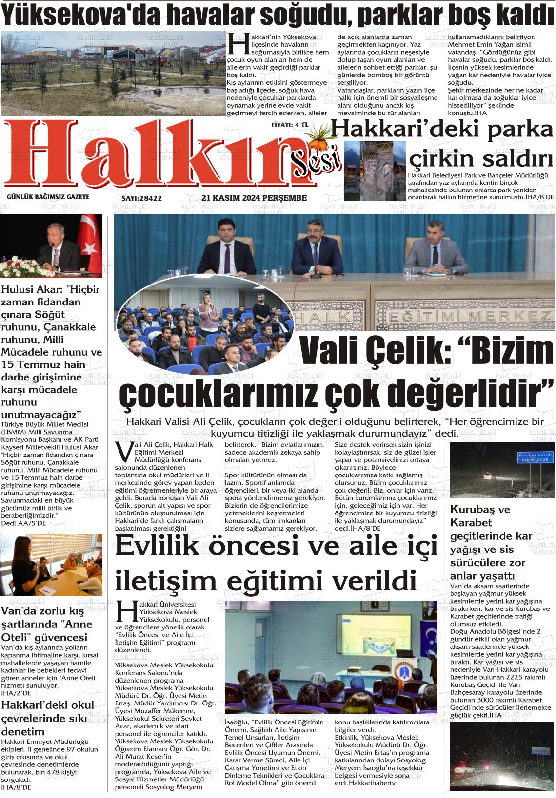 21 Kasım 2024 Hakkari Halkın Sesi Gazete Manşeti