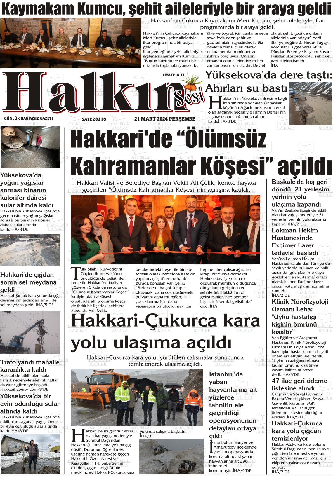 21 Mart 2024 Hakkari Halkın Sesi Gazete Manşeti