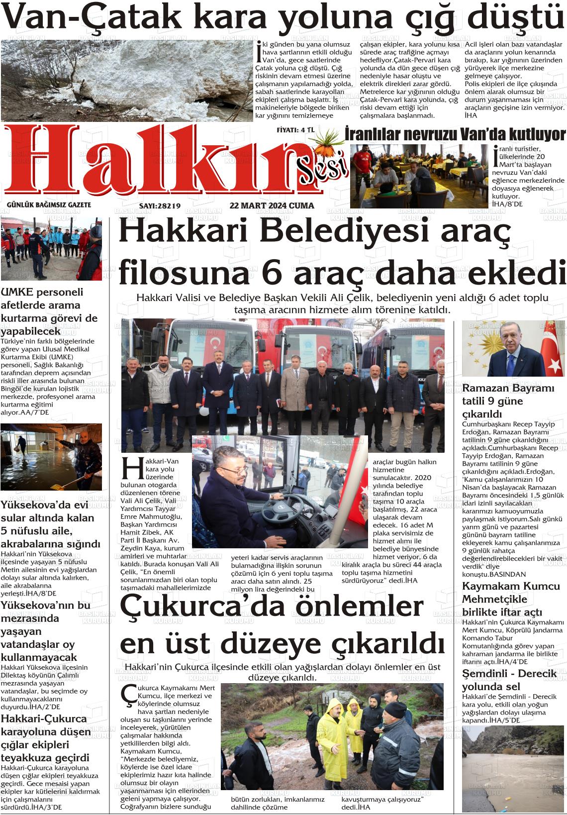 22 Mart 2024 Hakkari Halkın Sesi Gazete Manşeti