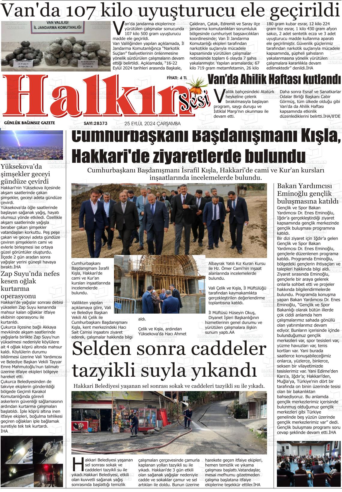 25 Eylül 2024 Hakkari Halkın Sesi Gazete Manşeti