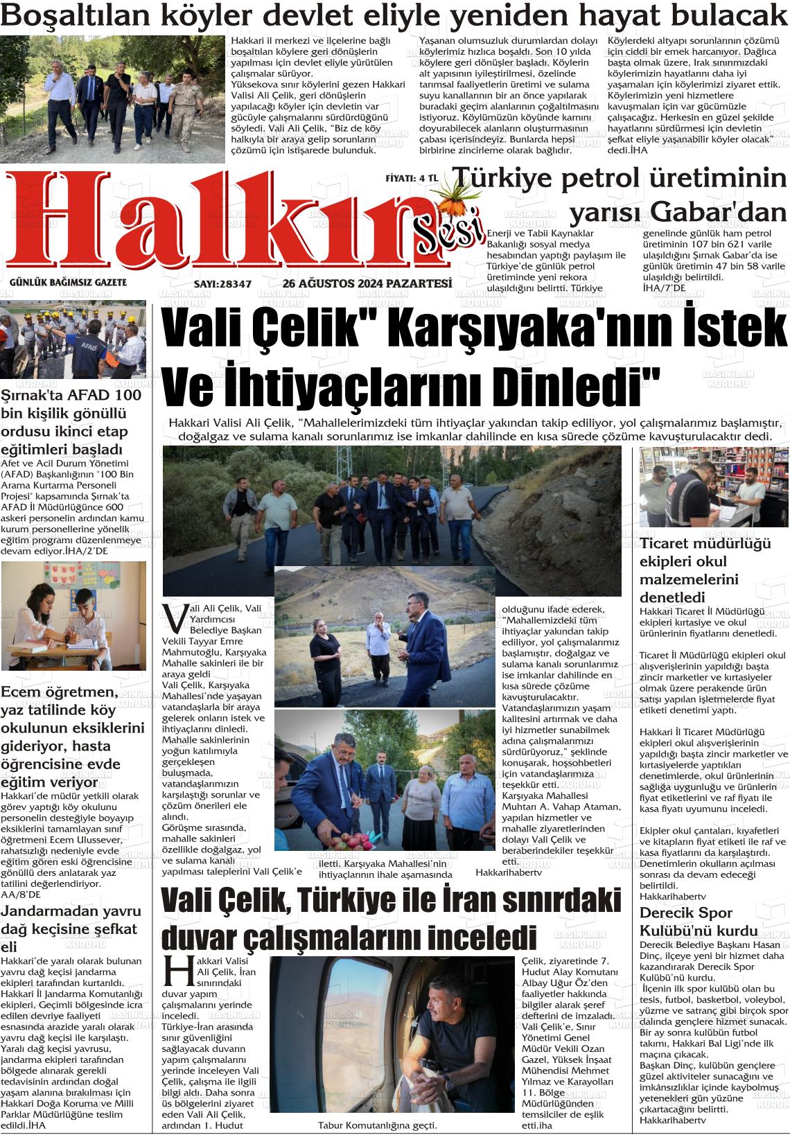 26 Ağustos 2024 Hakkari Halkın Sesi Gazete Manşeti