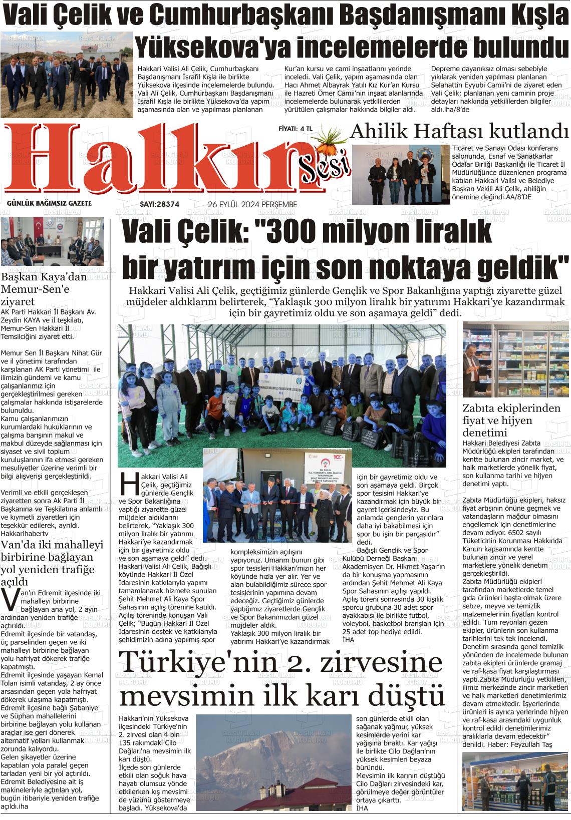 26 Eylül 2024 Hakkari Halkın Sesi Gazete Manşeti