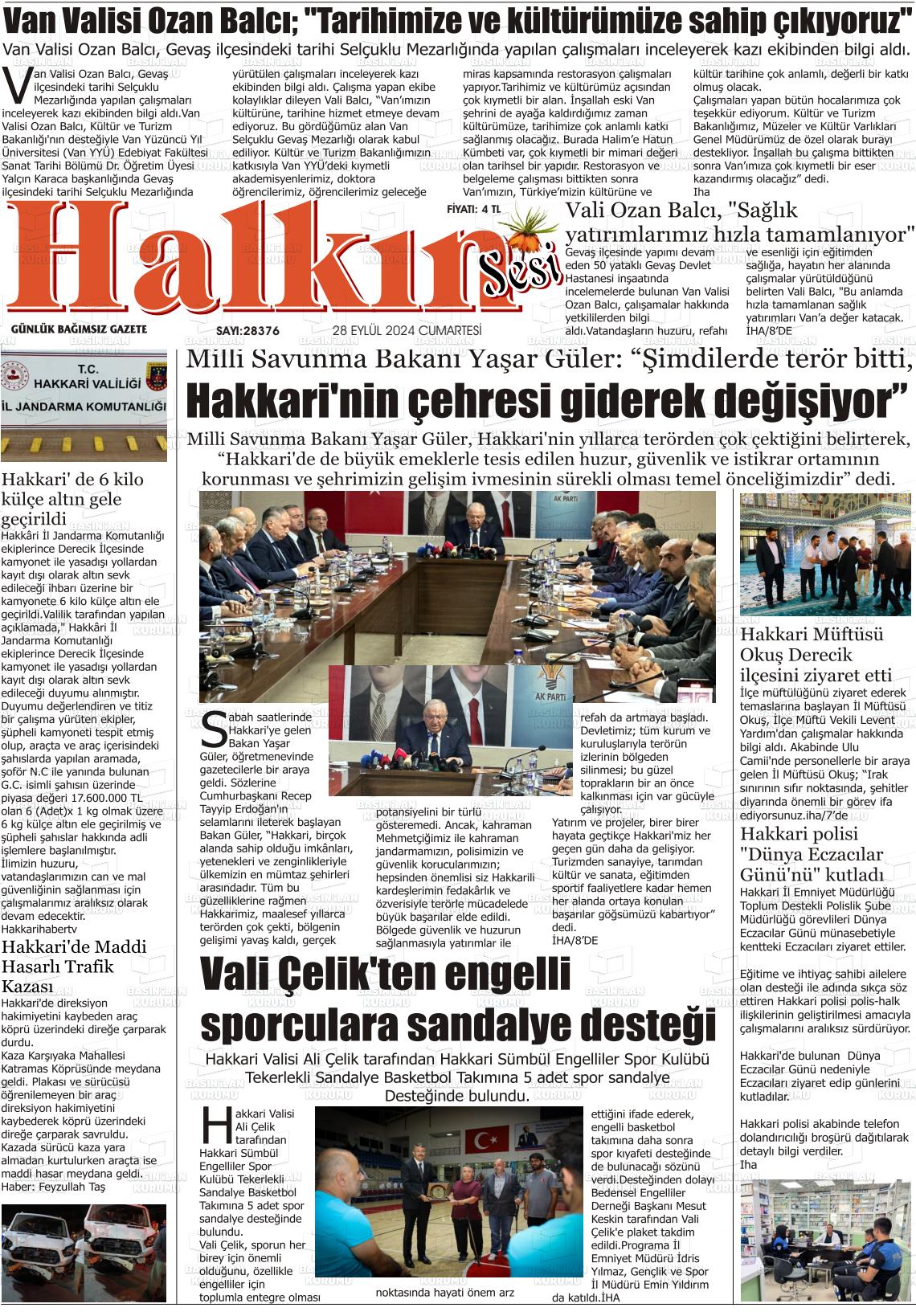 28 Eylül 2024 Hakkari Halkın Sesi Gazete Manşeti