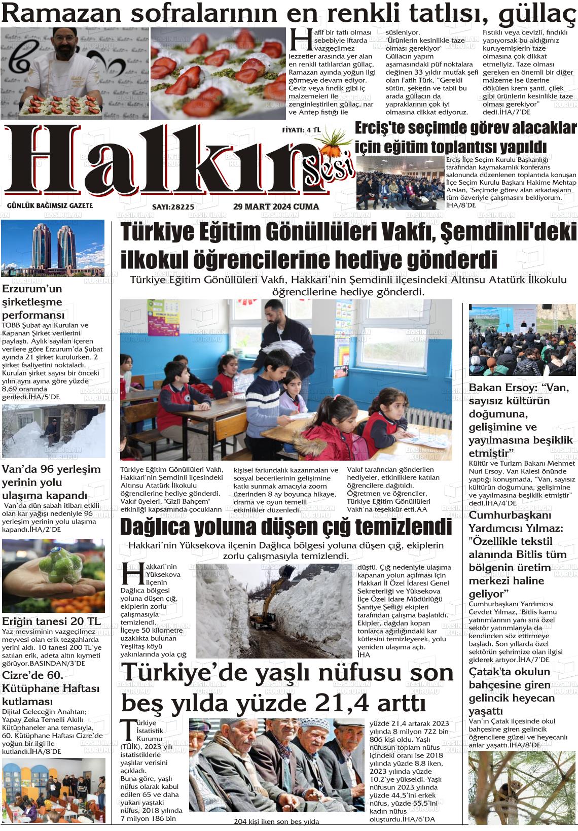 29 Mart 2024 Hakkari Halkın Sesi Gazete Manşeti