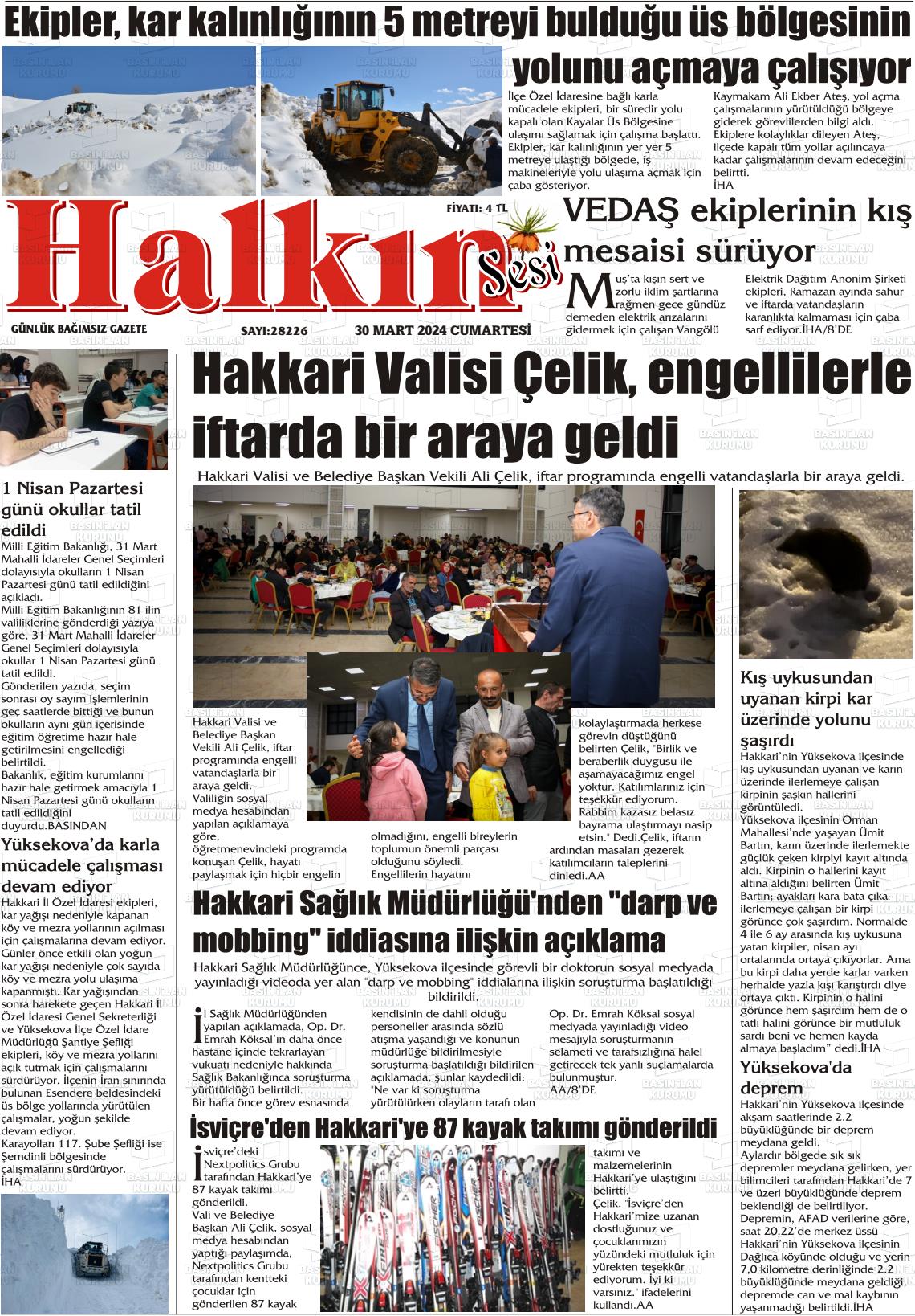 30 Mart 2024 Hakkari Halkın Sesi Gazete Manşeti