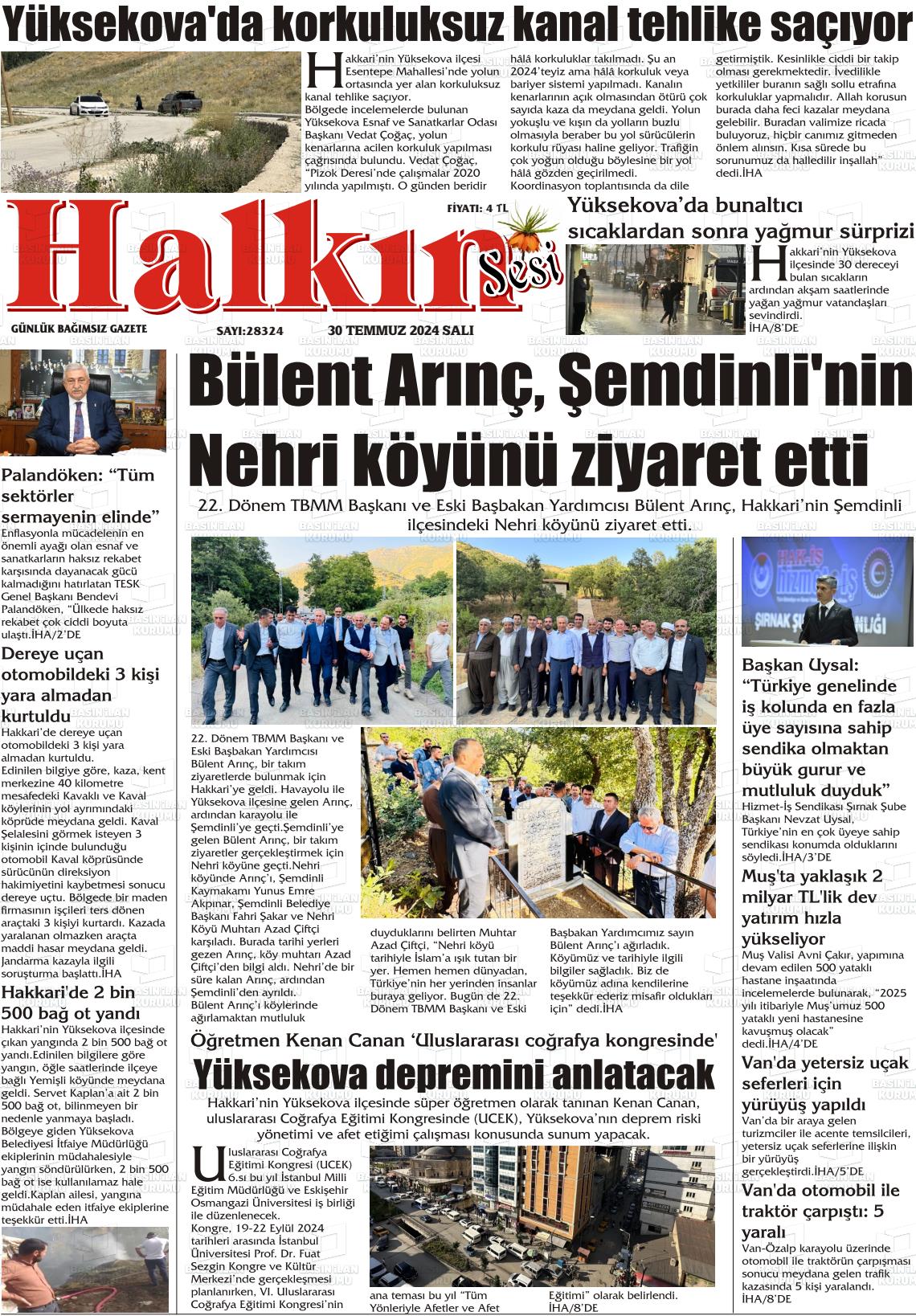 30 Temmuz 2024 Hakkari Halkın Sesi Gazete Manşeti