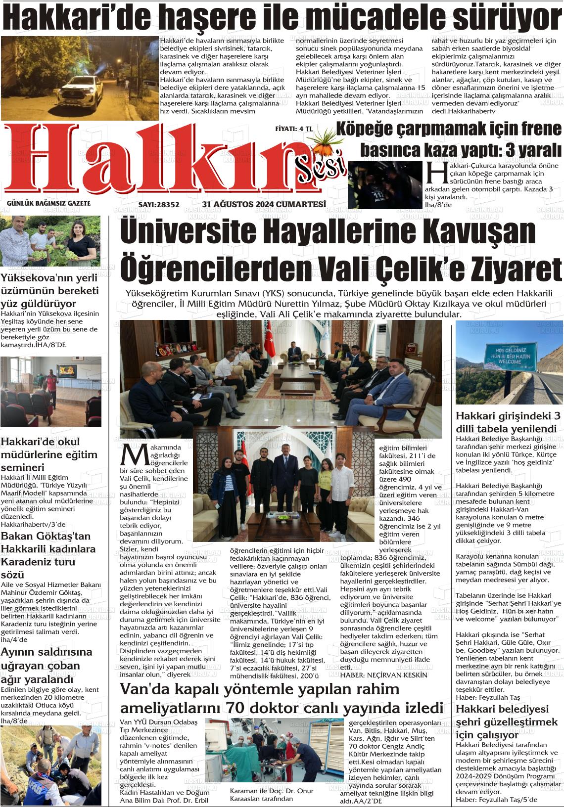 31 Ağustos 2024 Hakkari Halkın Sesi Gazete Manşeti