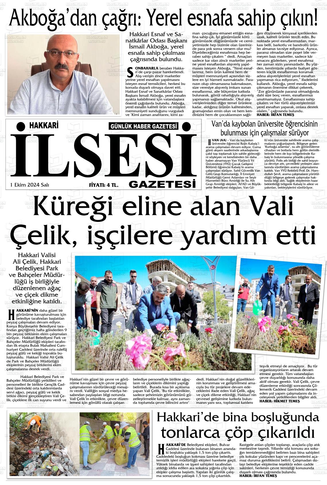 01 Ekim 2024 Hakkari İl Sesi Gazete Manşeti