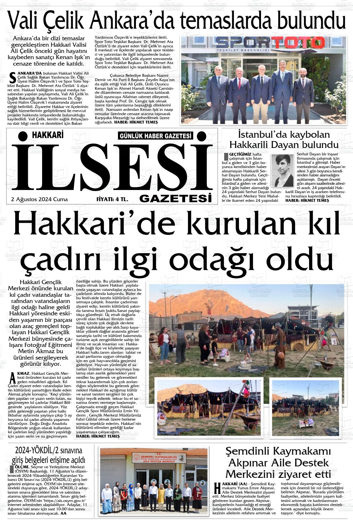 02 Ağustos 2024 Hakkari İl Sesi Gazete Manşeti