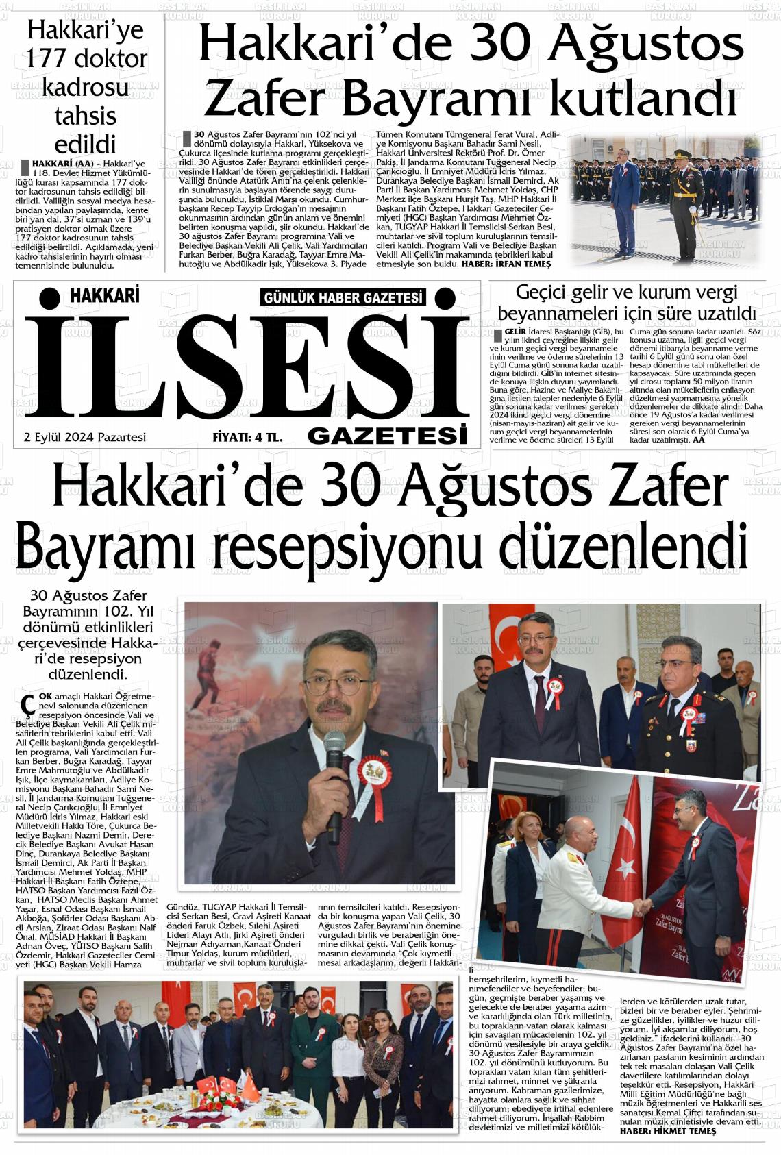 02 Eylül 2024 Hakkari İl Sesi Gazete Manşeti