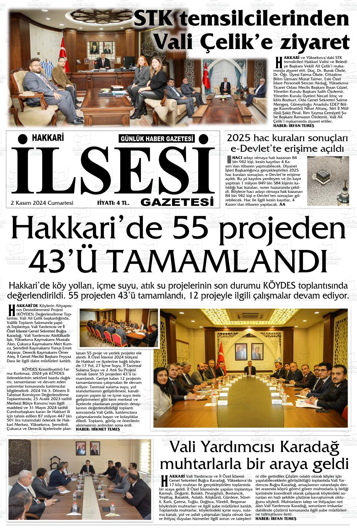 02 Kasım 2024 Hakkari İl Sesi Gazete Manşeti