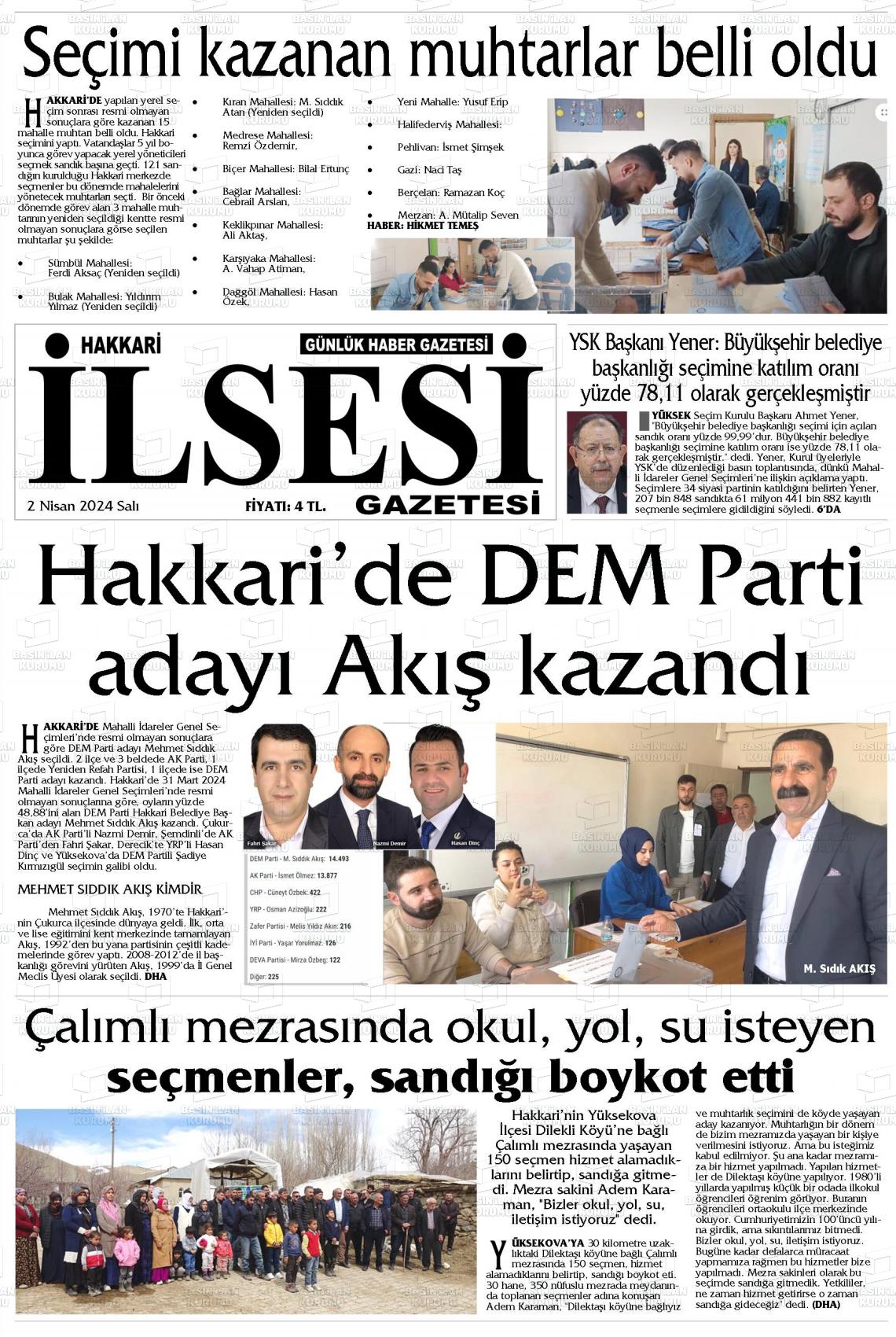 02 Nisan 2024 Hakkari İl Sesi Gazete Manşeti