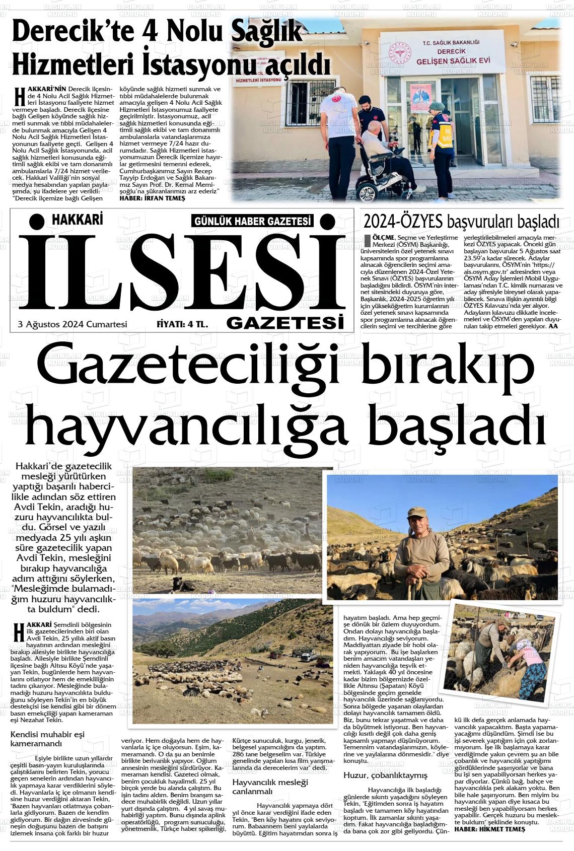 03 Ağustos 2024 Hakkari İl Sesi Gazete Manşeti