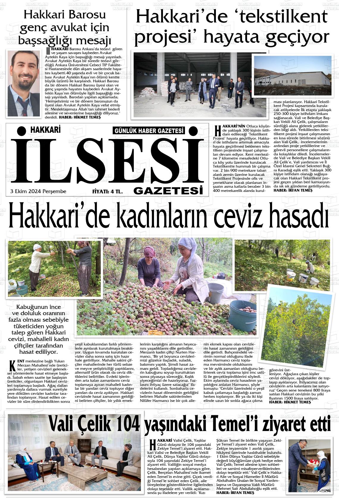 03 Ekim 2024 Hakkari İl Sesi Gazete Manşeti