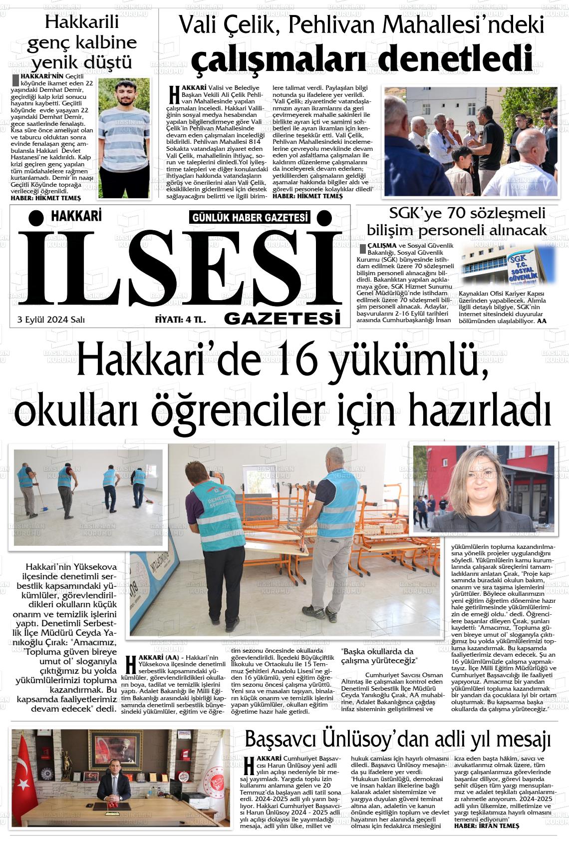 03 Eylül 2024 Hakkari İl Sesi Gazete Manşeti