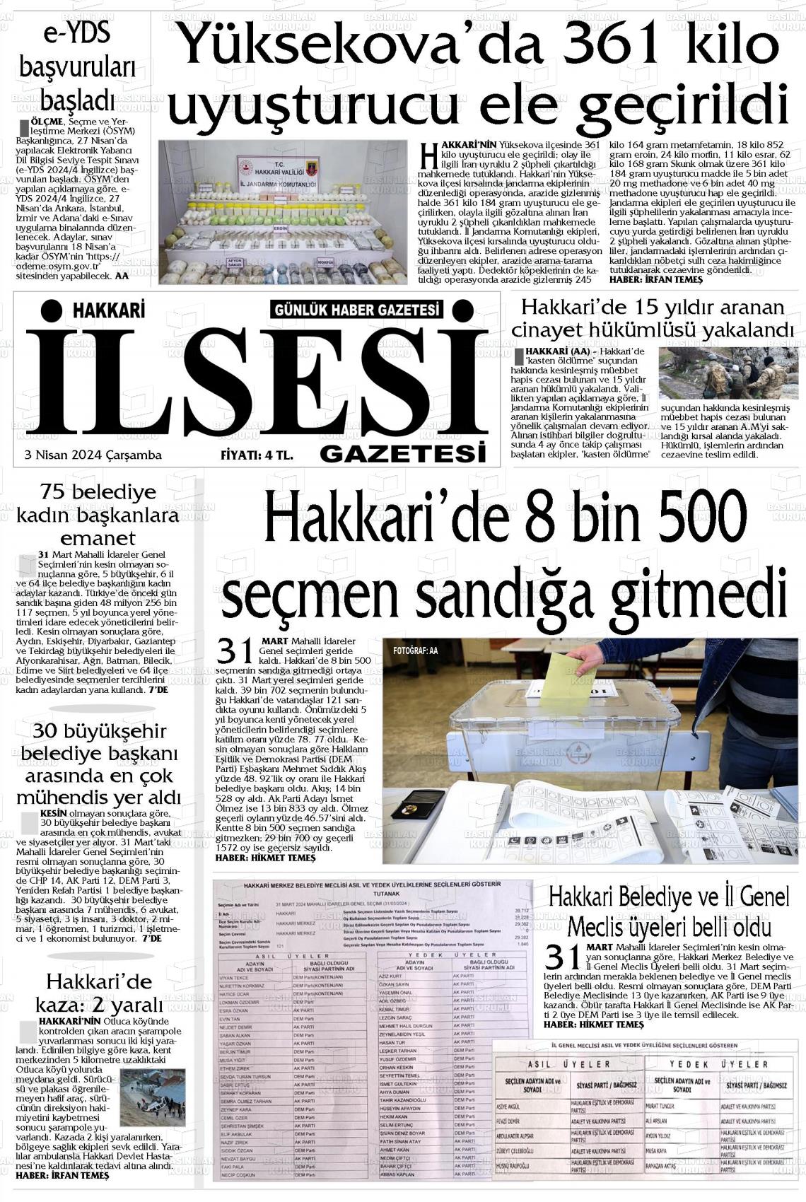 03 Nisan 2024 Hakkari İl Sesi Gazete Manşeti