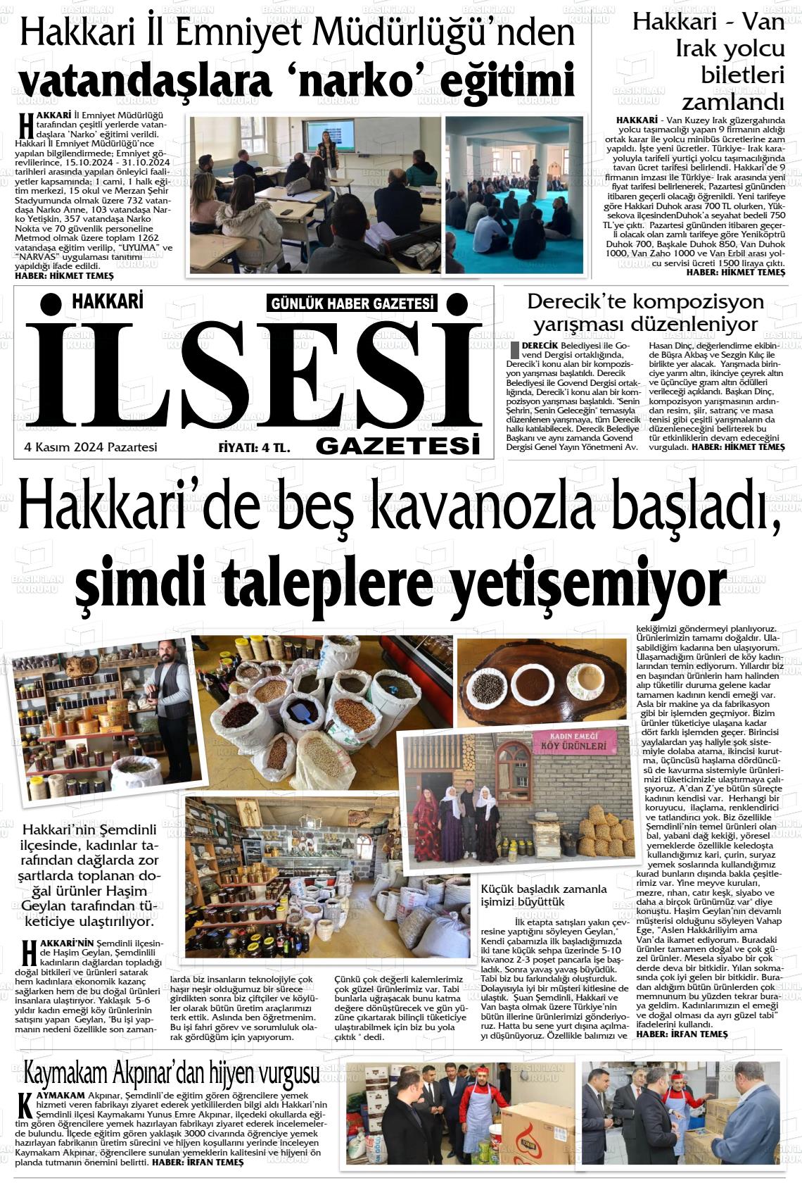 04 Kasım 2024 Hakkari İl Sesi Gazete Manşeti