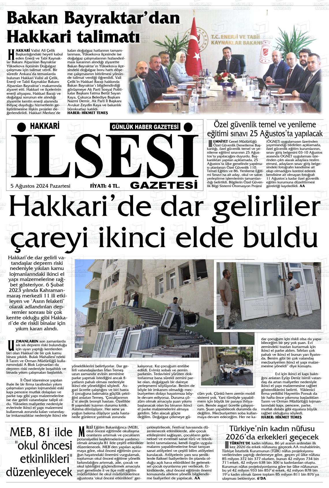 05 Ağustos 2024 Hakkari İl Sesi Gazete Manşeti