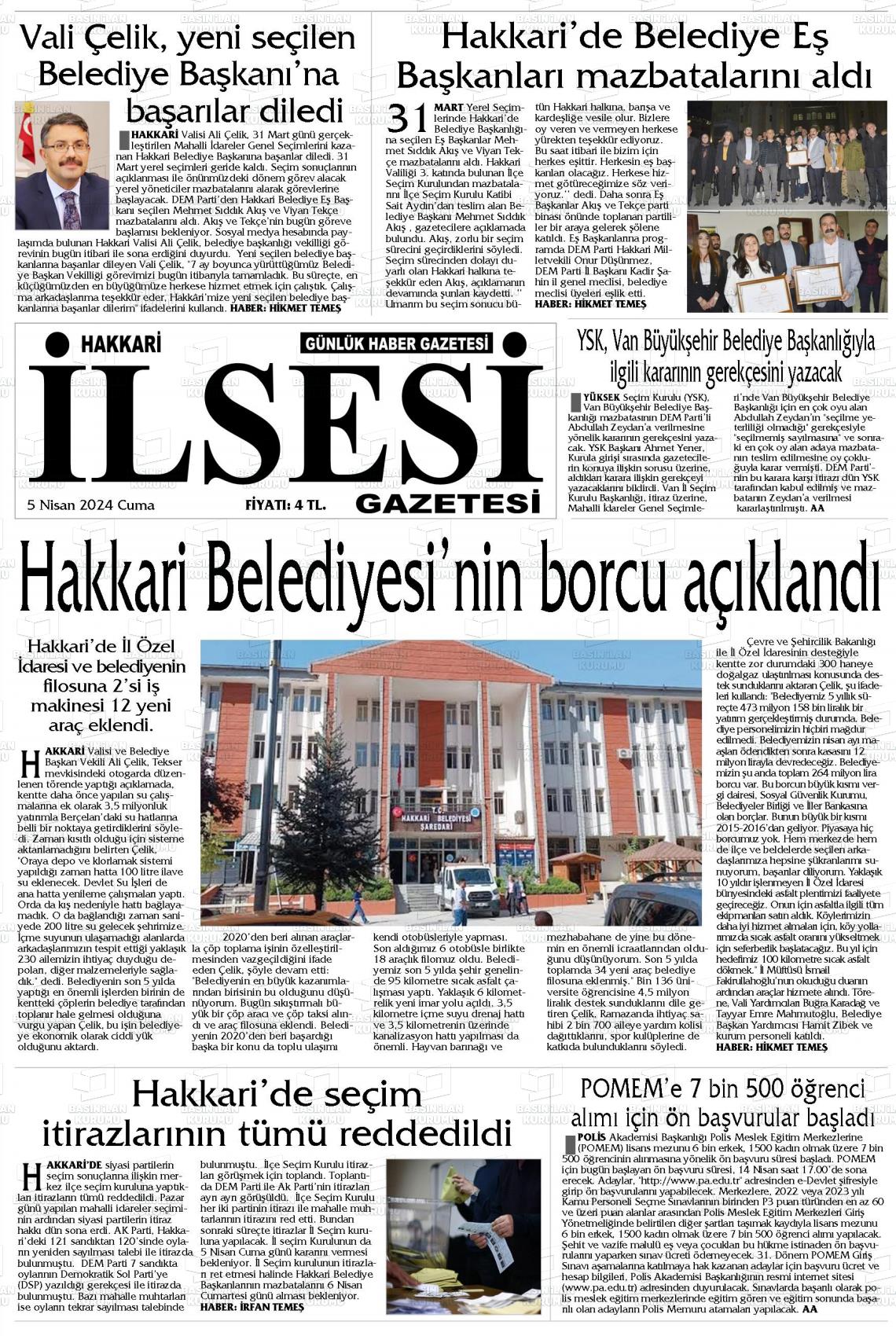 05 Nisan 2024 Hakkari İl Sesi Gazete Manşeti