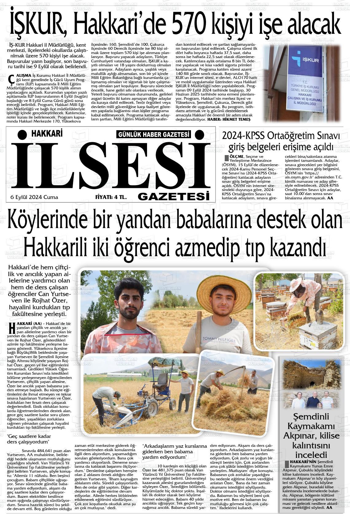 06 Eylül 2024 Hakkari İl Sesi Gazete Manşeti