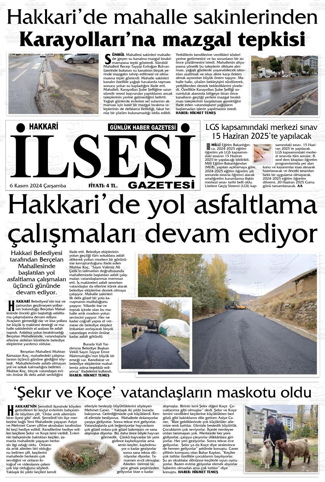 06 Kasım 2024 Hakkari İl Sesi Gazete Manşeti