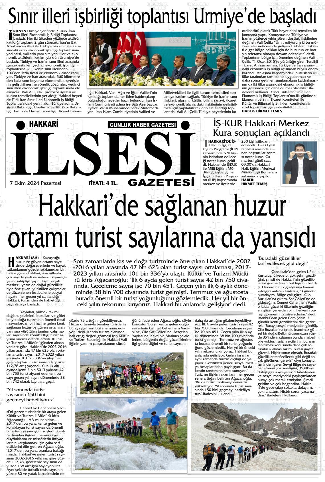 07 Ekim 2024 Hakkari İl Sesi Gazete Manşeti