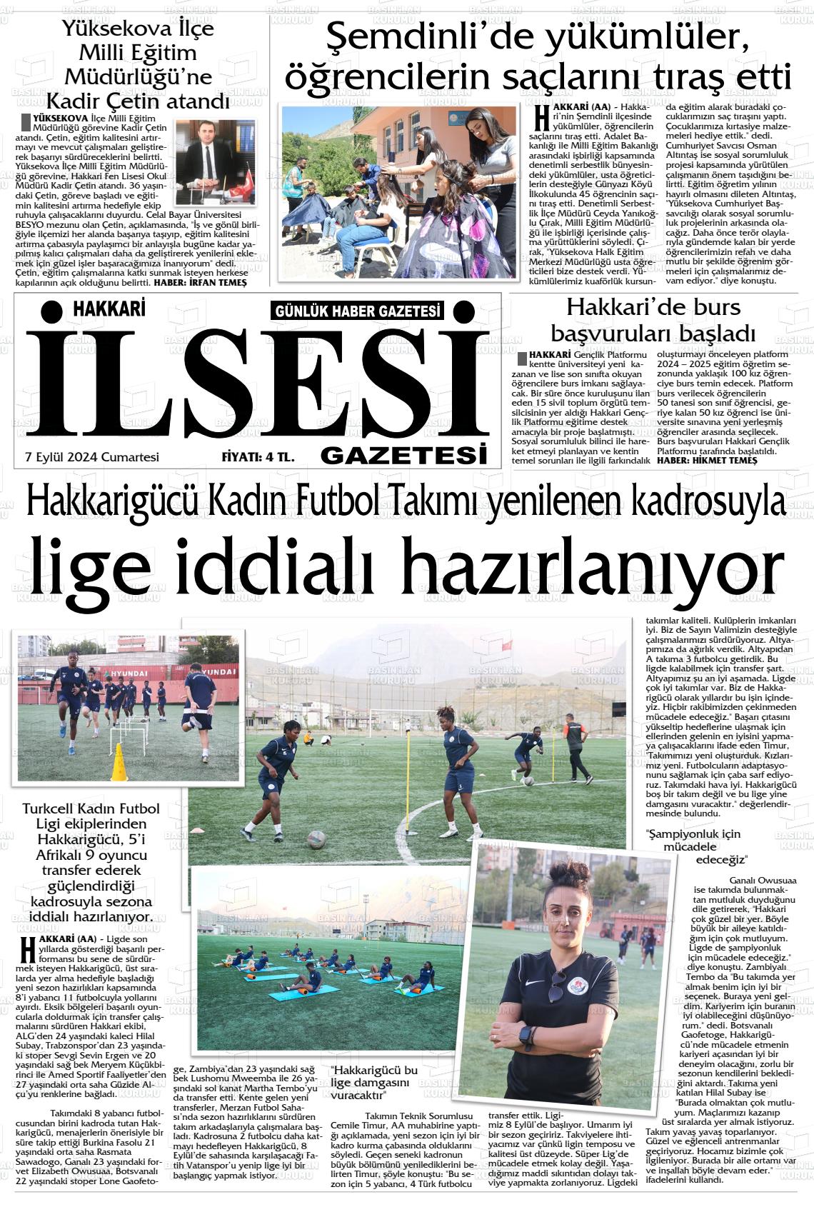 07 Eylül 2024 Hakkari İl Sesi Gazete Manşeti