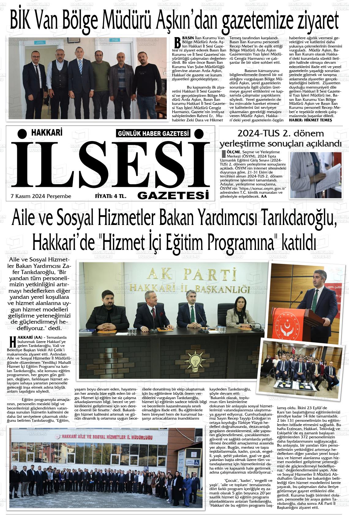 07 Kasım 2024 Hakkari İl Sesi Gazete Manşeti