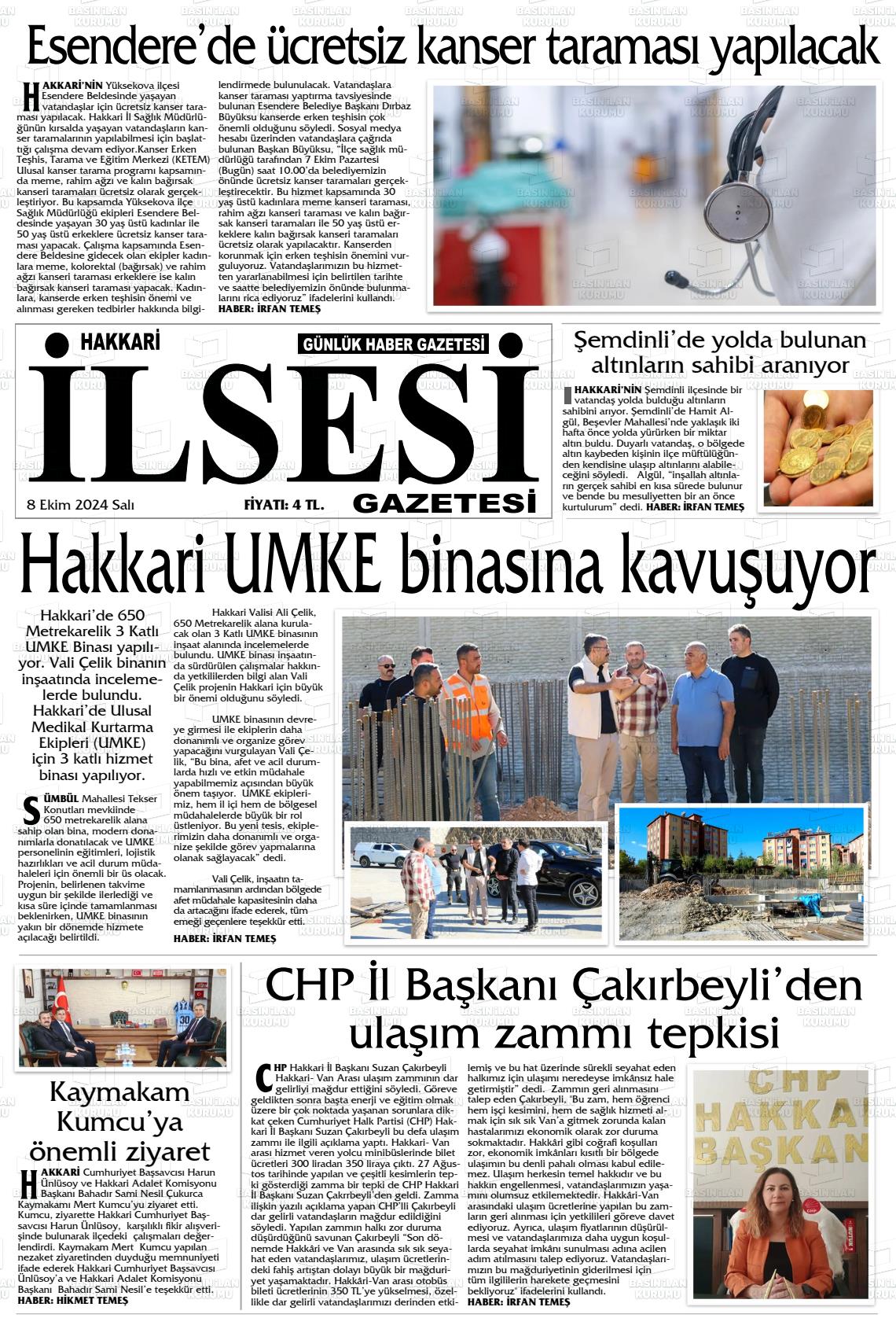 08 Ekim 2024 Hakkari İl Sesi Gazete Manşeti